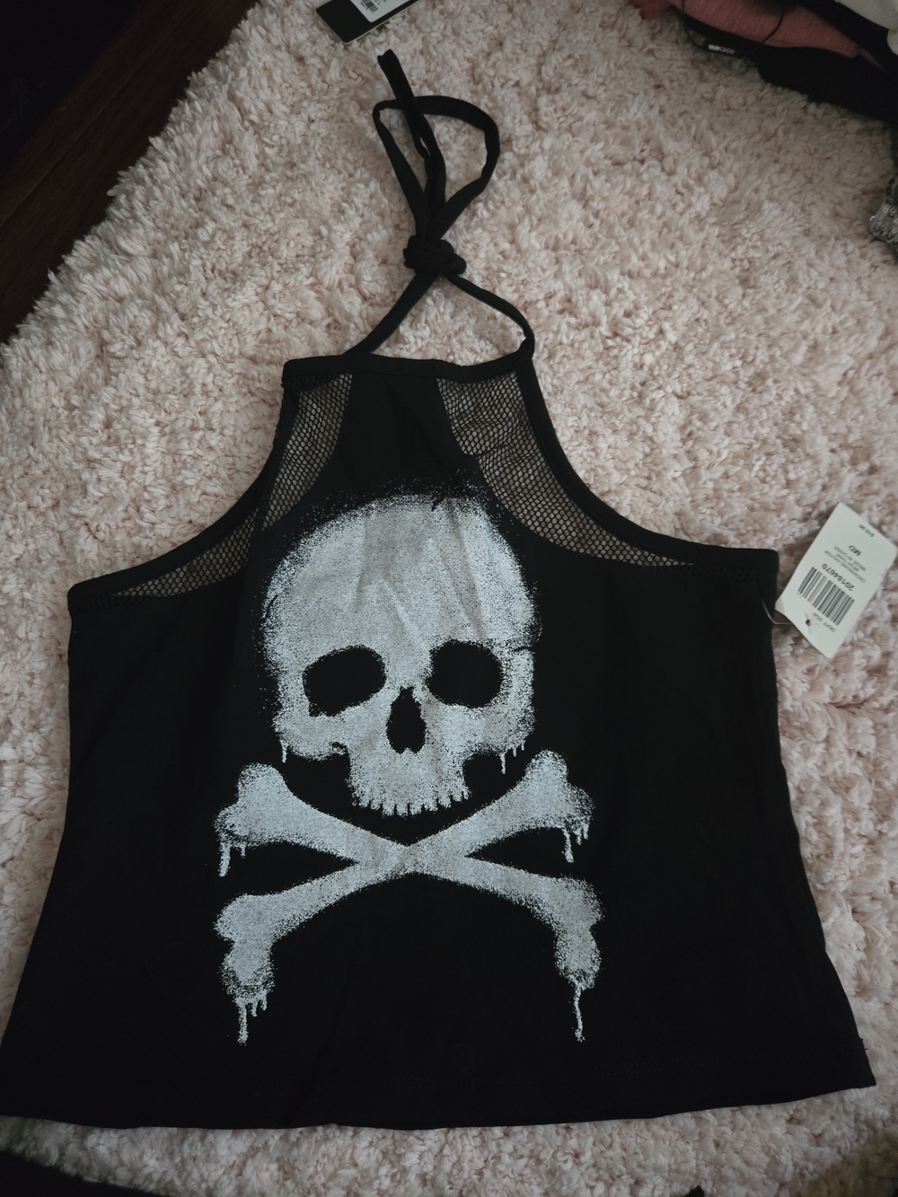 Hot Topic Black Mesh Halter Tank with Skull & Crossbones